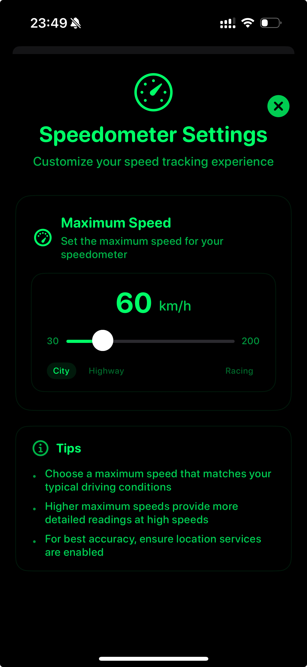 Settings and Max Speed View